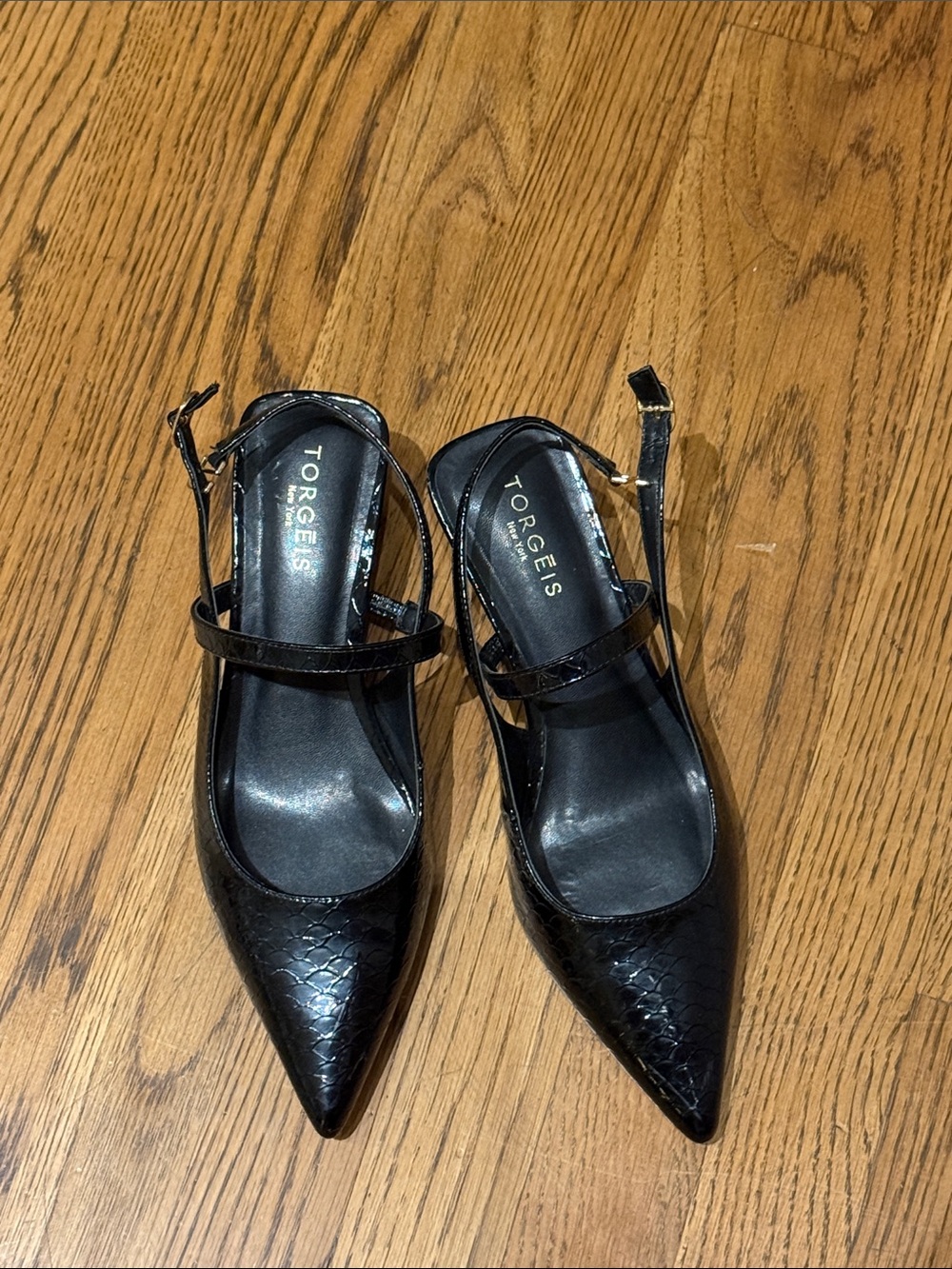 Torgeis Black Pointed Slingback Heels with Ankle Strap